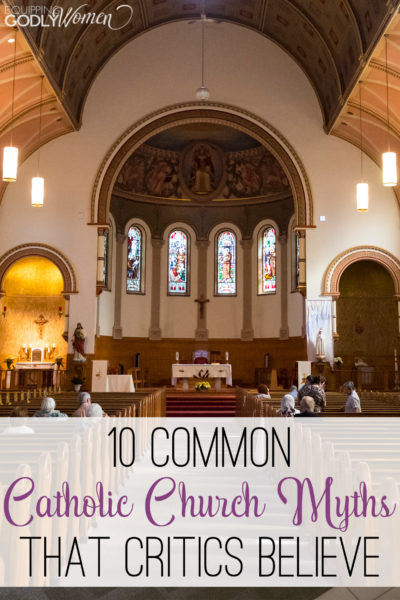 Text overlay reads "10 Common Catholic Myths that Critics Believe." The underlying image shows people in a church with a small dome and vaulted celing.