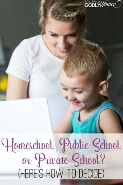 Mom and child looking at computer deciding homeschool, public school, or private school