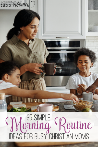 Family around a kitchen island showing Morning Routine Ideas for Busy Christian Moms