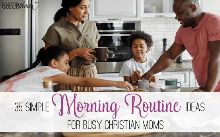 Family around a kitchen island showing Morning Routine Ideas for Busy Christian Moms