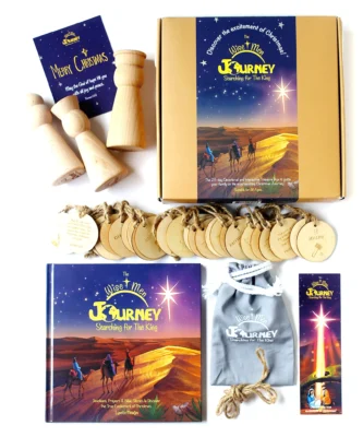 The Wise Men Journey Kit with 3 wooden dolls, wooden coins, a book, and a bag