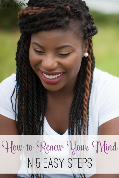 Woman smiling with words how to renew your mind in 5 easy steps