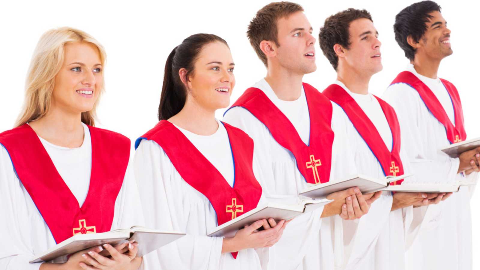 church choir members holding hymn books and singing