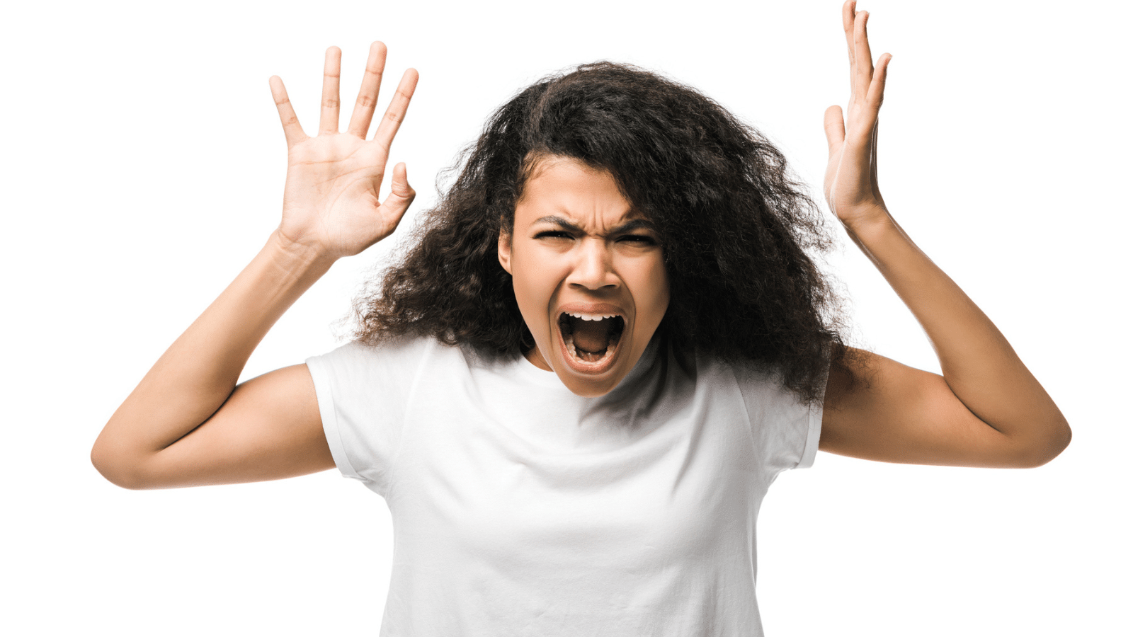 woman in white t shirt yelling