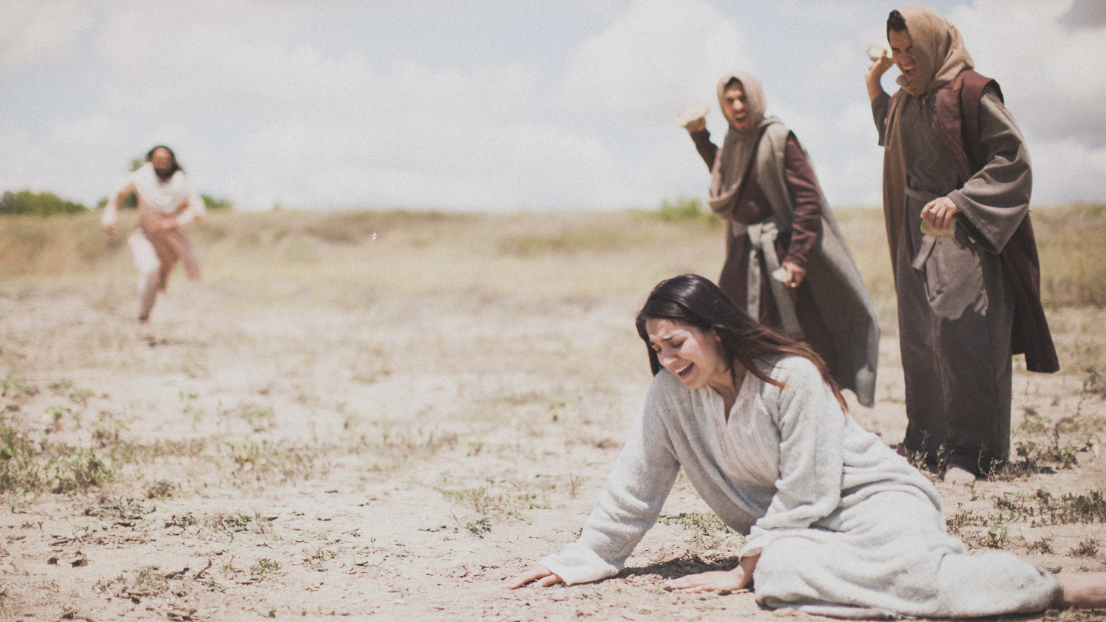 Jesus running to woman