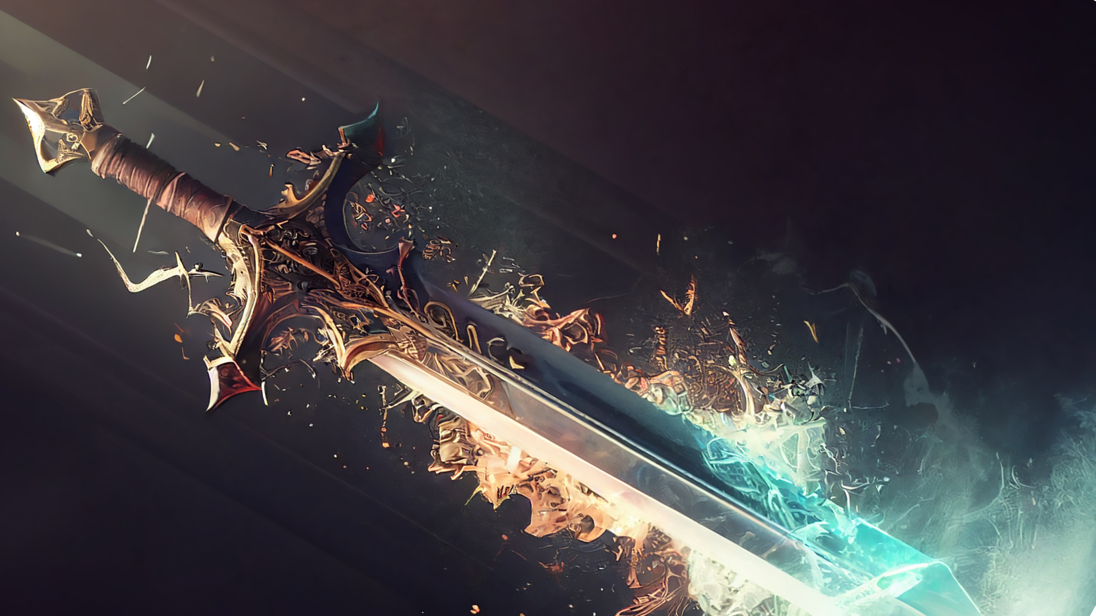A sharp sword beaming down by light rays, with blue electricity powering up from the bottom and fire red blazing down from the top.