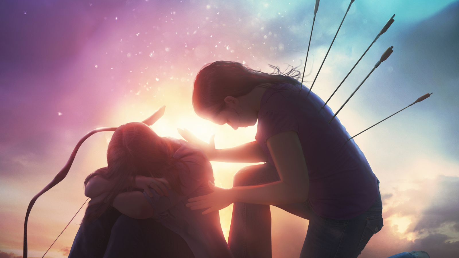 A purple, pink, and blue stary background, with two women. One with a bow by her crying into her knees, one with arrows in her back praying over the other.