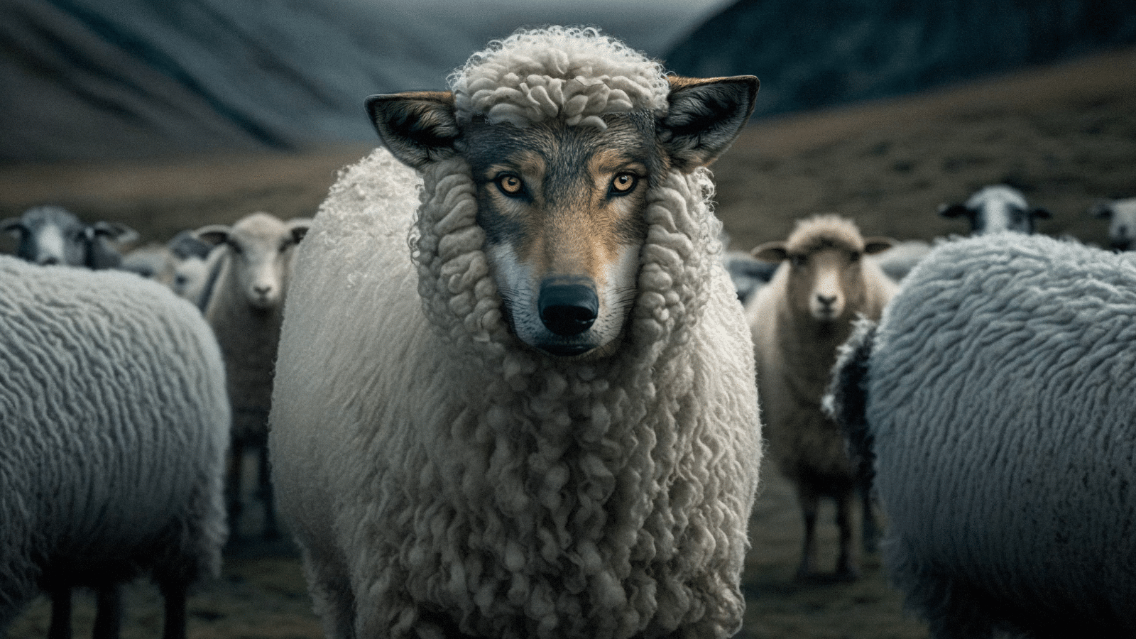 A wolf in sheep's clothing standing among the sheep on a hill.