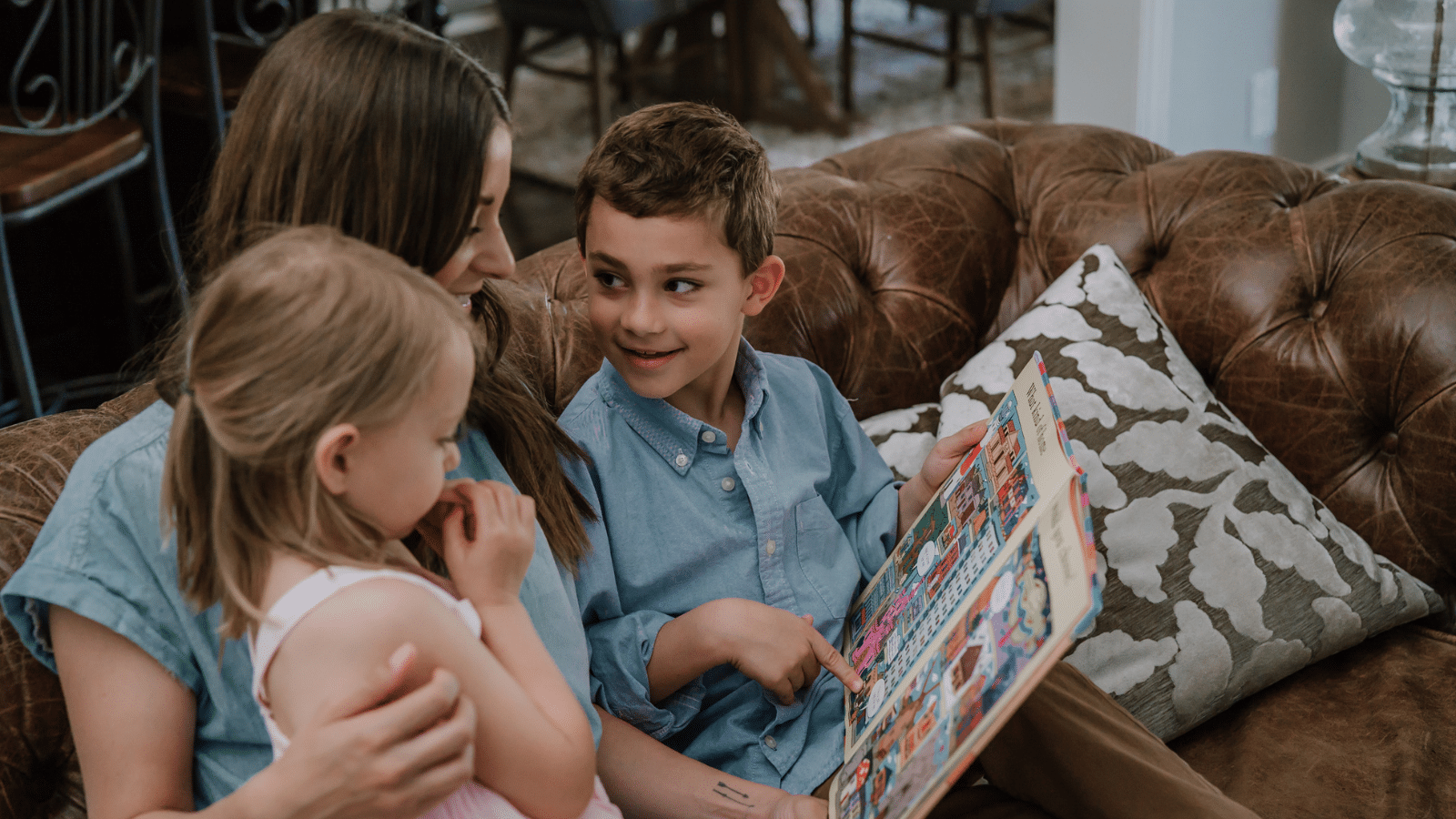 mom and kids reading bible together