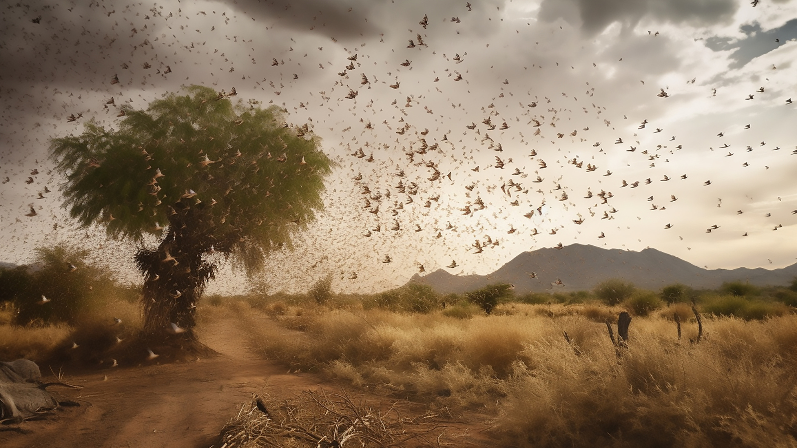 A swarm of locusts in a field.