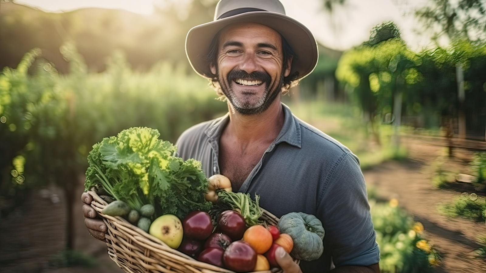 A man holding a basket of fresh produce.