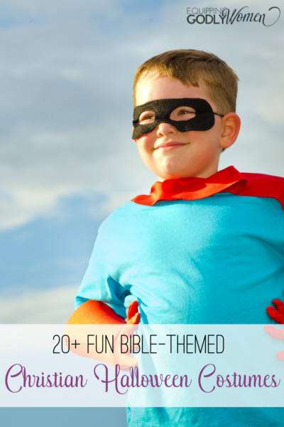 child in superhero costume with words Fun Bible-Themed Christian Halloween Costumes