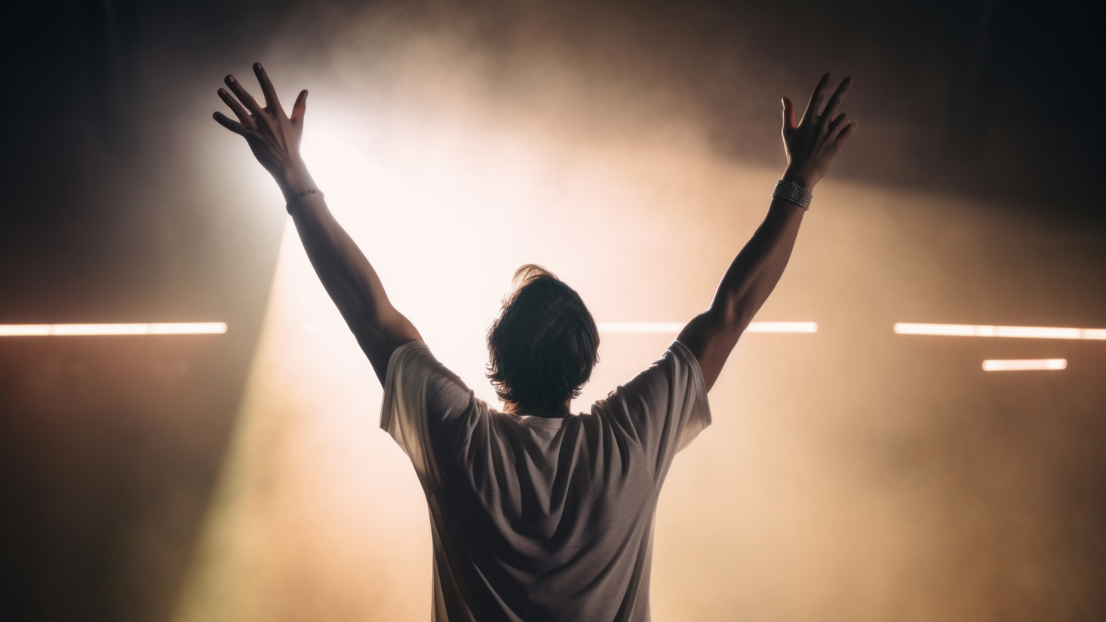 A man holding his hands up in praise.