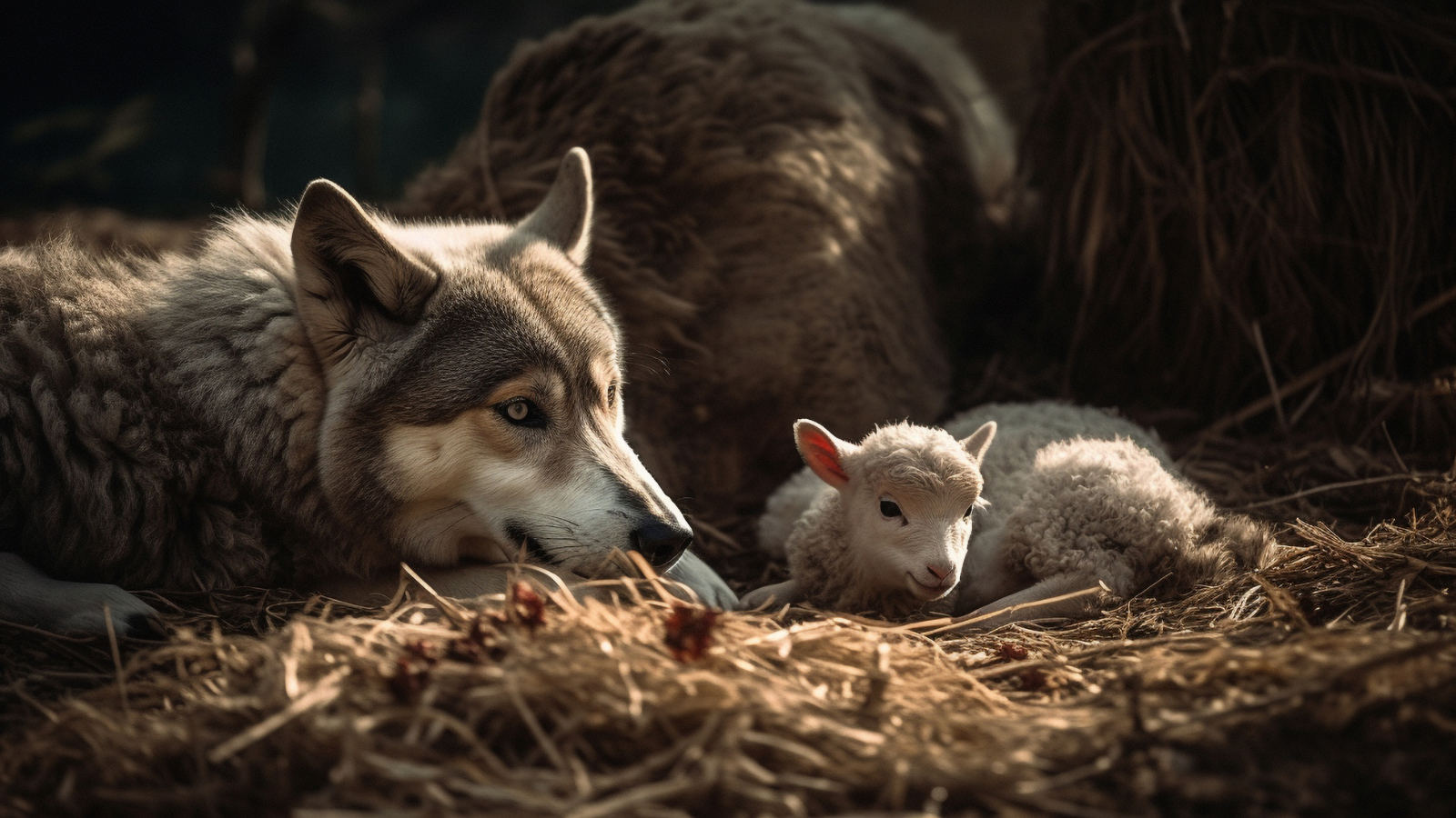 A wolf laying with a sheep.