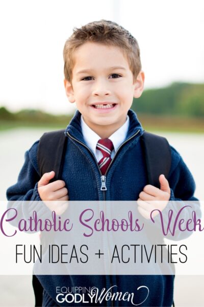 Young boy in navy blue sweater with words Catholic Schools Week fun ideas and activities