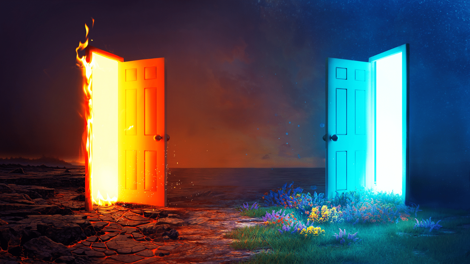 Picture of 2 doors with one open to fire and one showing blue with flowers around it