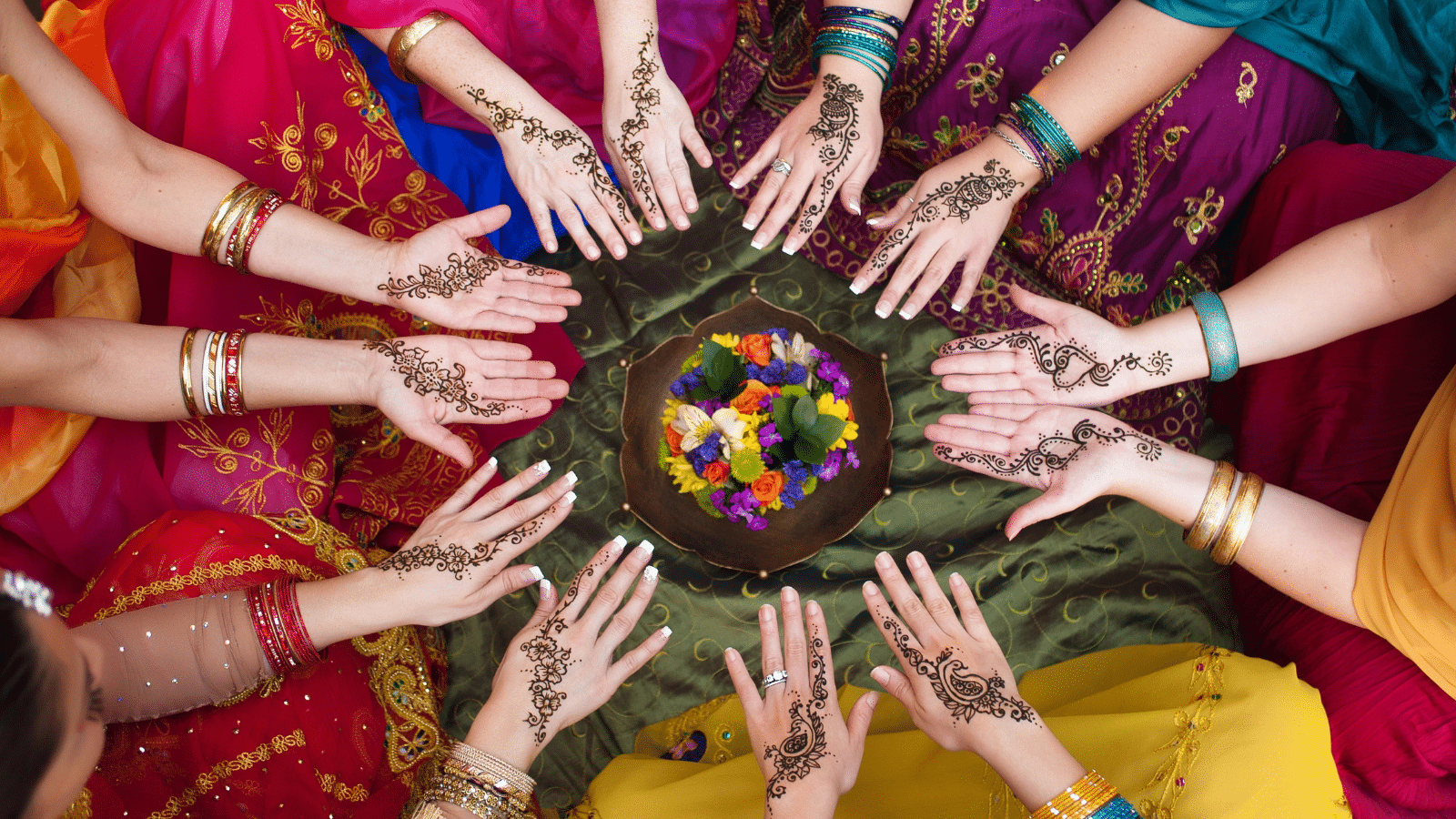 Women's hands decorated with henna tatoos in a circle