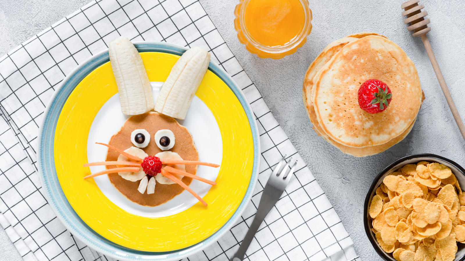 Bunny pancake, orange juice and circle pancakes