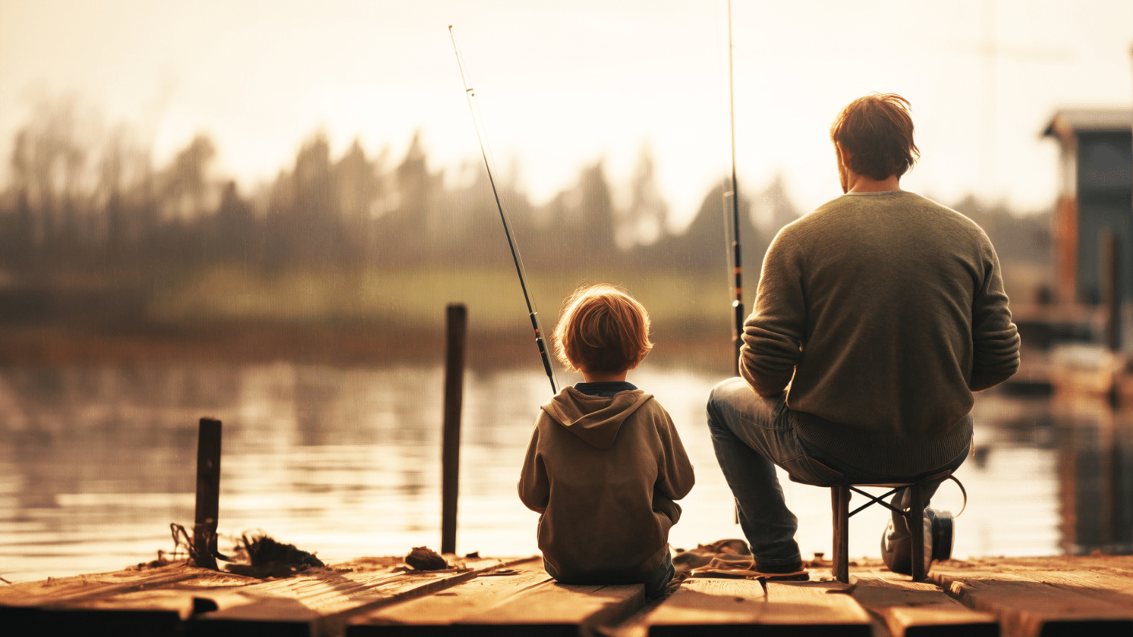 Man and boy fishing on a dock