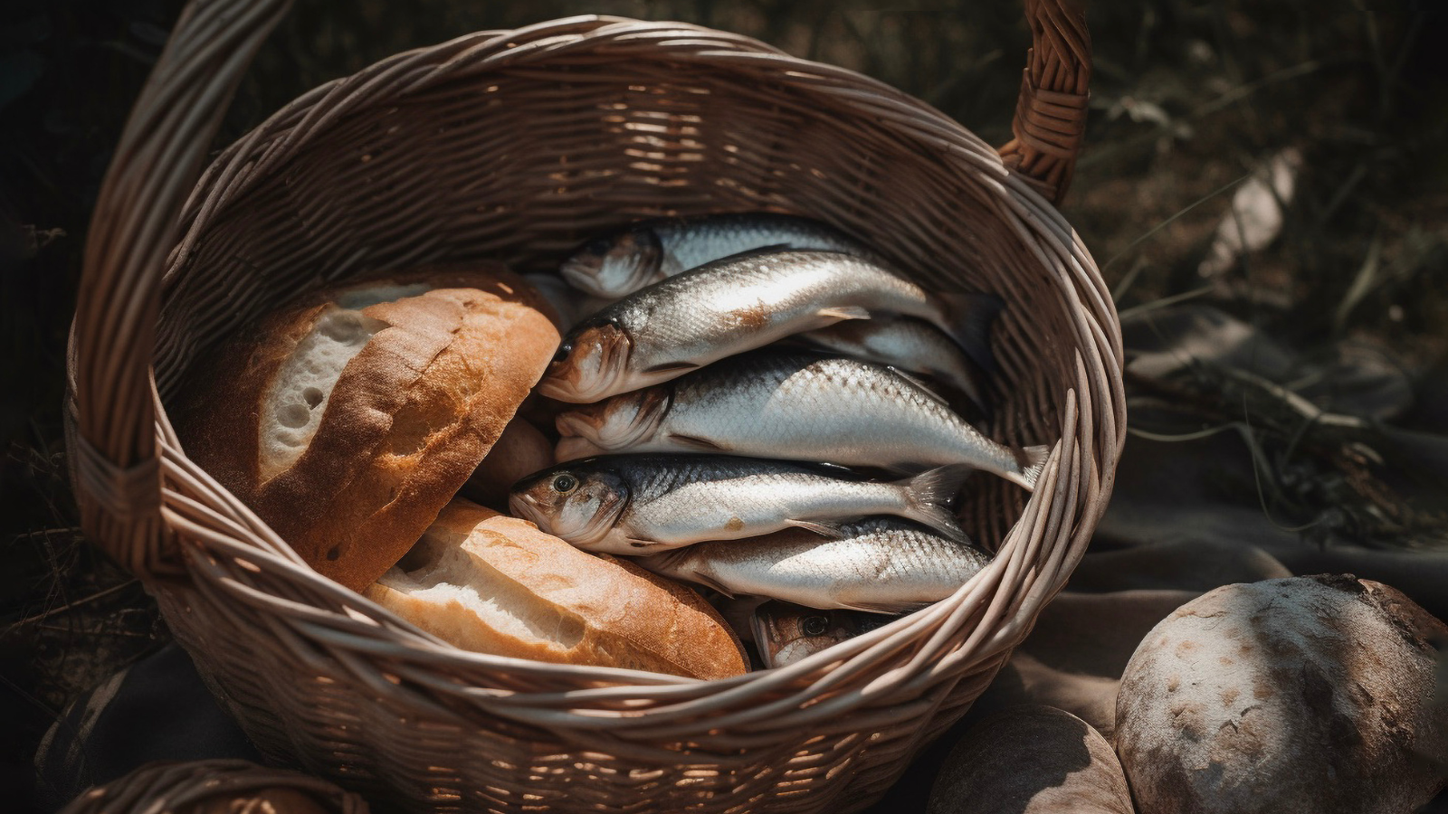 Basket filled with fish and bread