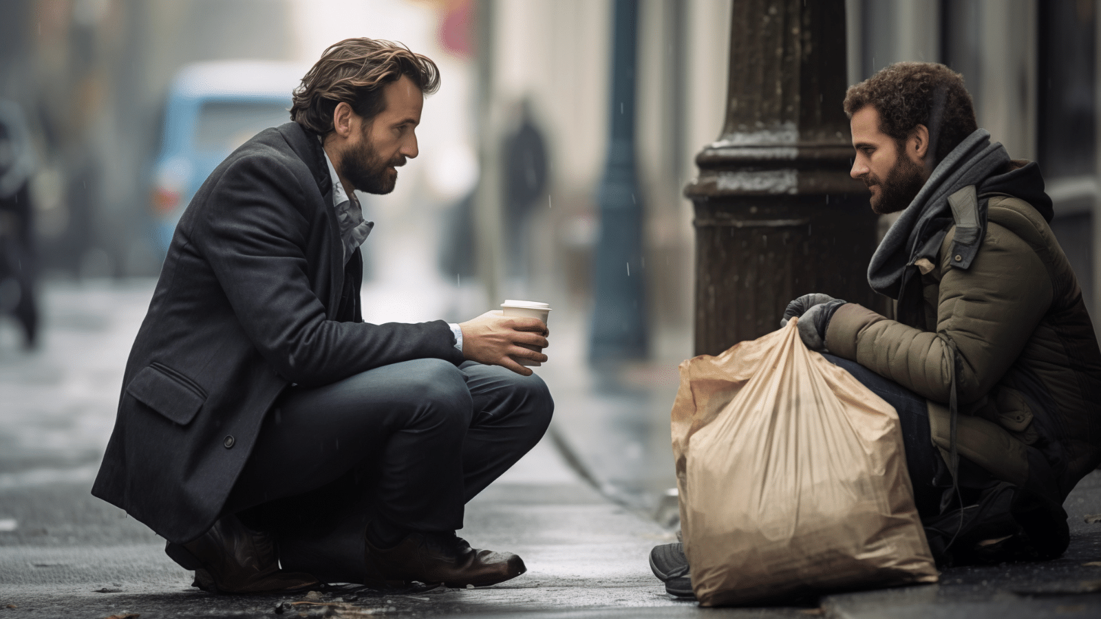 Business Man Caring about Homeless beggar man